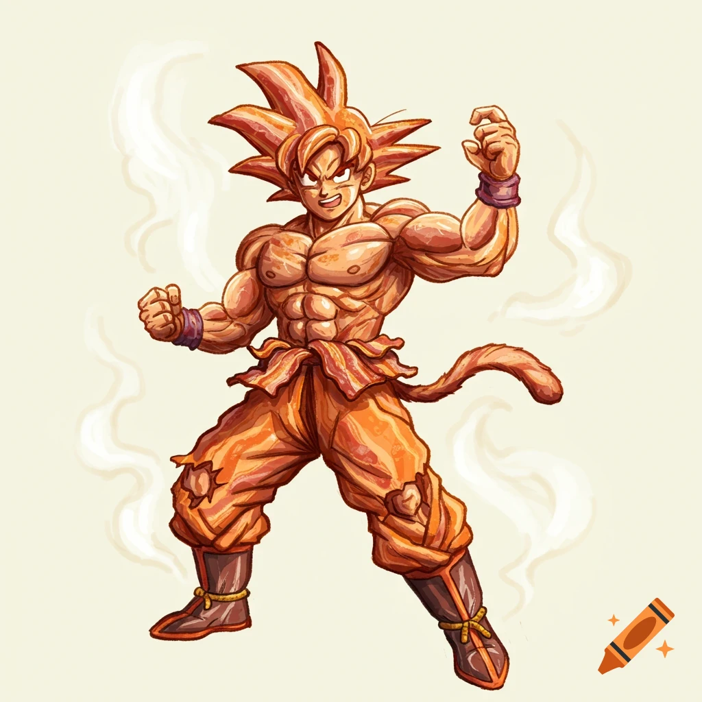 An orange-hued illustration of Goku, depicted with his body and spiky hair made of bacon, in a dynamic pose.
