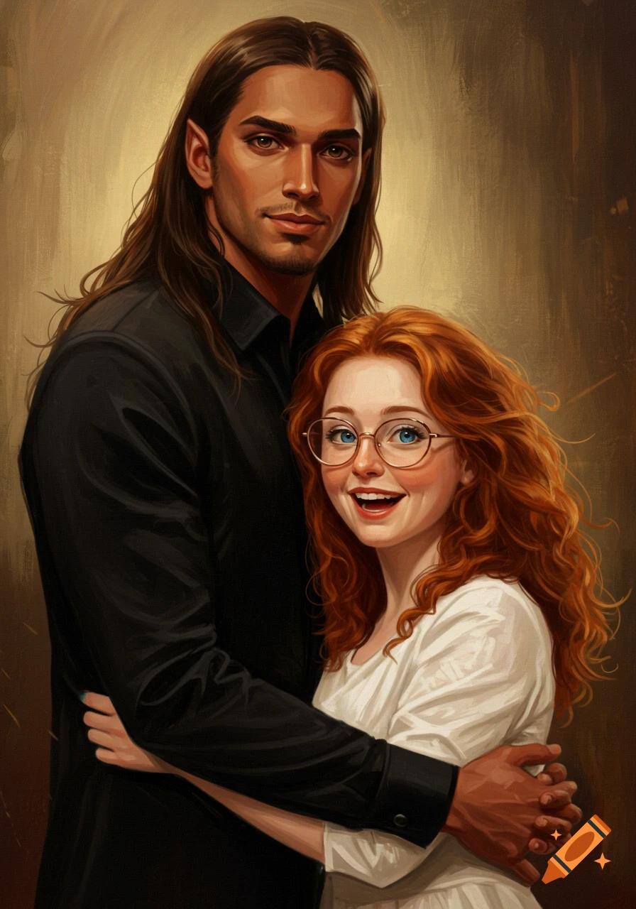 Oil painting portrait of a tall man with long dark hair and pointed ears embracing a smiling woman with curly red hair and glasses.