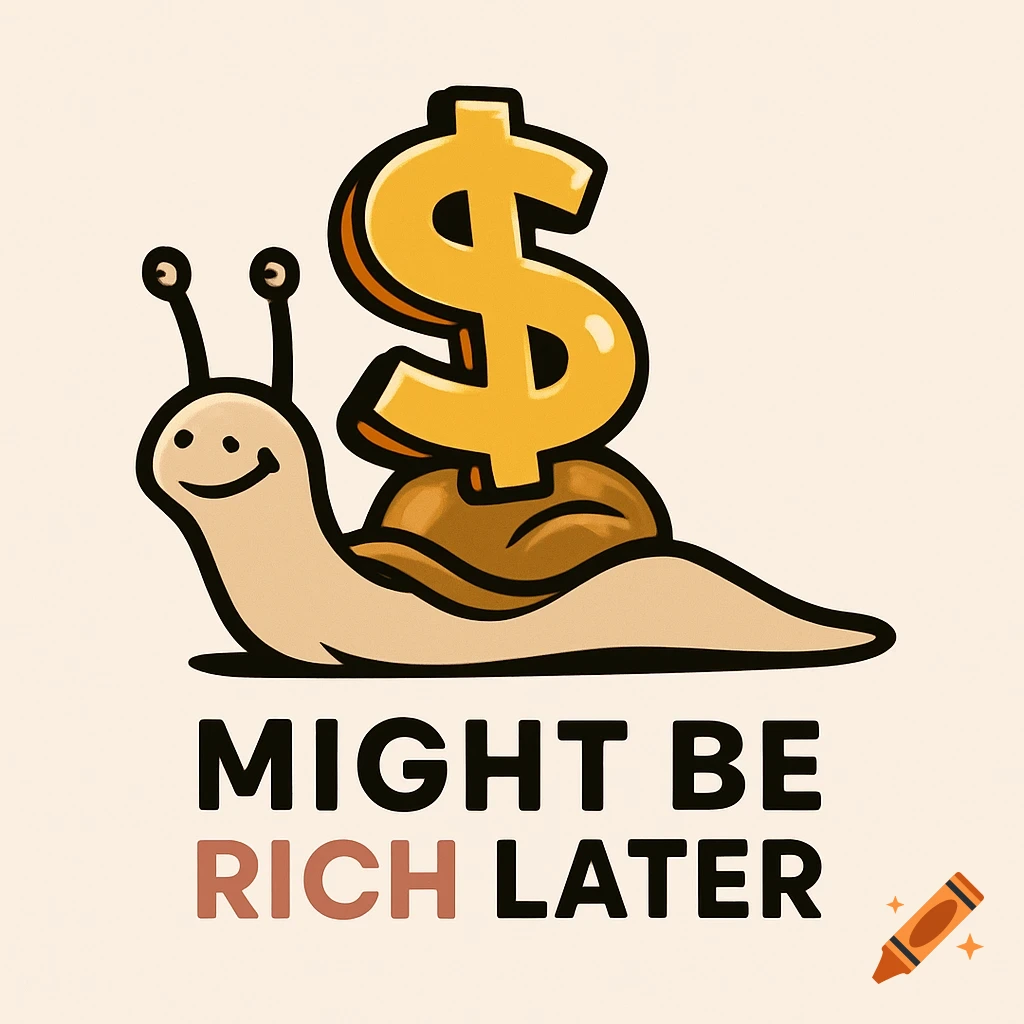 A minimalistic, modern cartoon logo of a smiling snail carrying a gold dollar sign shell, with the text "MIGHT BE RICH LATER."