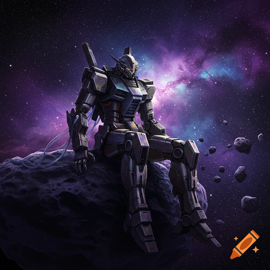 A large grey mecha sits on an asteroid in outer space with a purple nebula background.