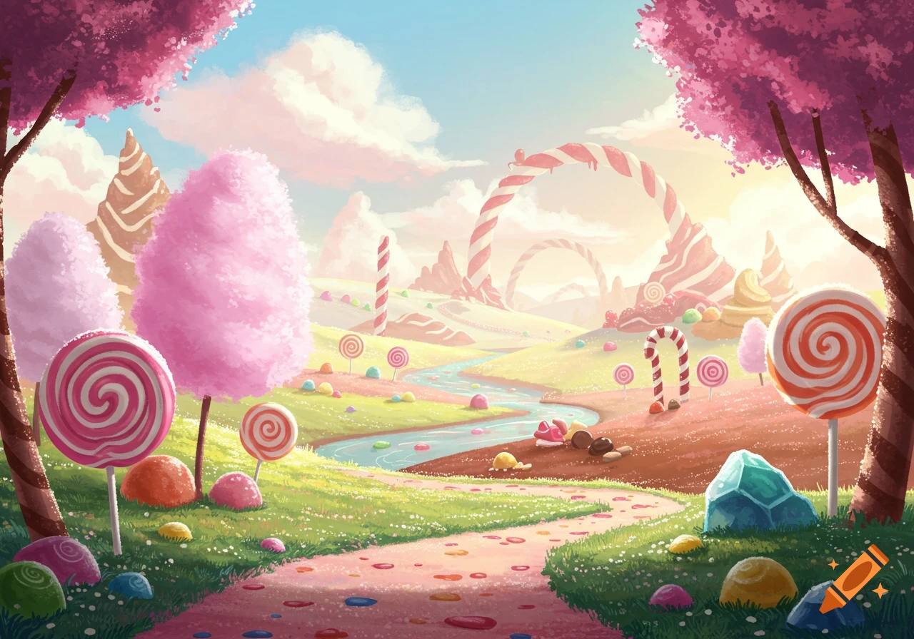 A vibrant Candyland landscape with lollipop trees, candy cane arches, a candy path, and a river winding through a sweet valley.