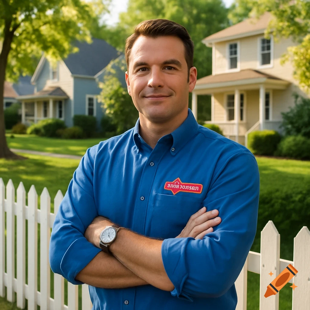 A confident man in a blue shirt with a watch stands with crossed arms in front of a white picket fence and houses.