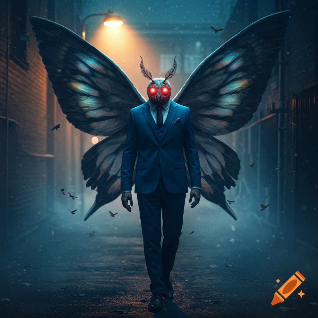 A humanoid creature with large moth wings and glowing red eyes wears a suit and walks through a dark, snowy alley at night.