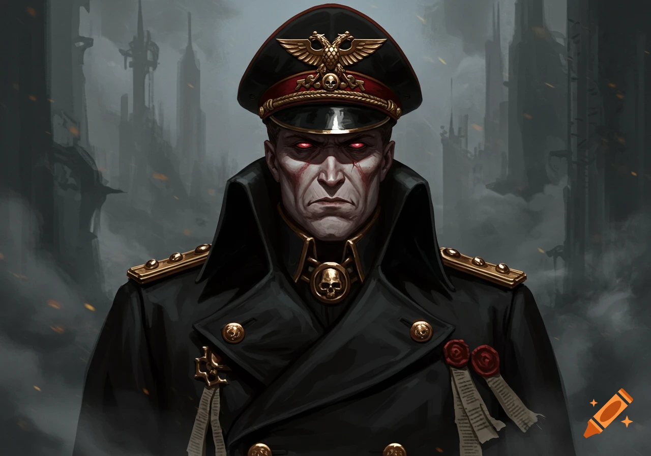 A stern male commissar with glowing red eyes and scars in a black uniform and officer's cap, set against a dark, grim cityscape in character art style.