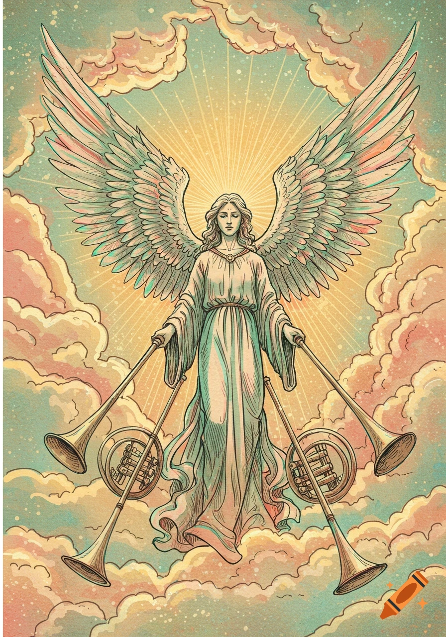 An ethereal angel with large wings stands in clouds, holding trumpets, in a colorful sketchbook art style.