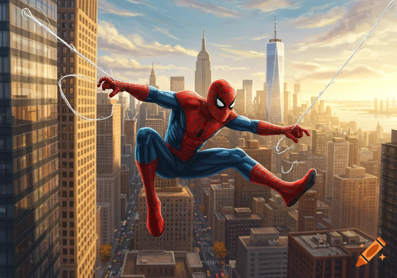 Spider-Man swings over a city skyline at sunset in a vibrant comic book style illustration.