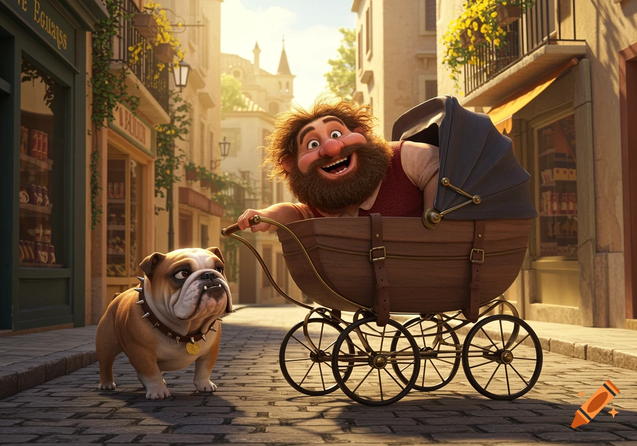 A smiling, bearded cartoon man sits in a wooden pram pushed by a bulldog on a cobblestone street in a sunny town.