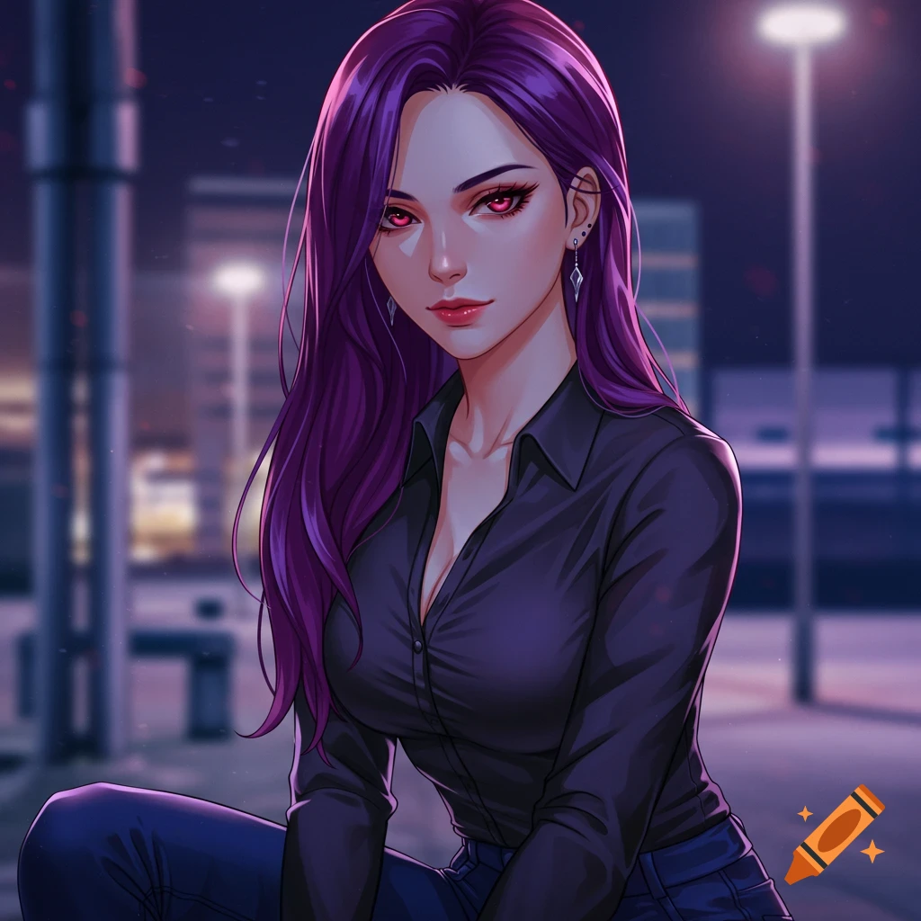 Anime-style portrait of a woman with long purple hair and glowing red eyes, wearing a dark shirt, set against a blurry cityscape at night.