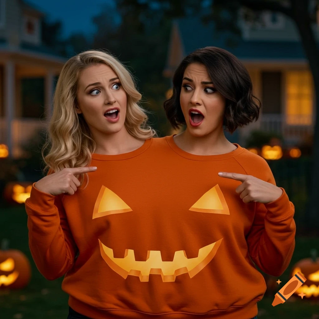 Two women with conjoined torsos wear a single orange jack-o'-lantern sweater, pointing with surprised expressions amidst Halloween decorations.