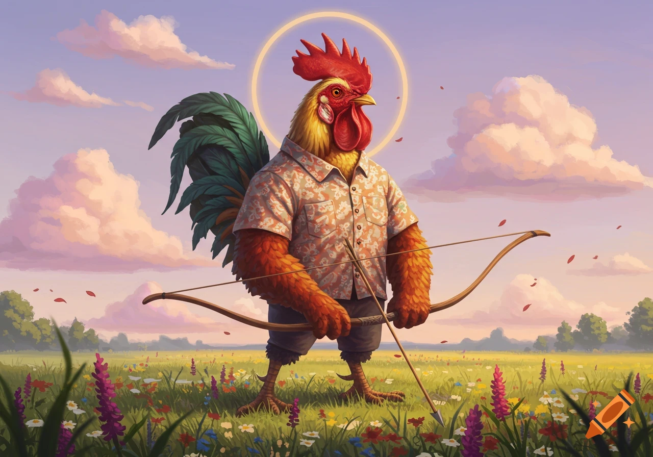 A human-like rooster wearing a floral shirt and shorts stands in a meadow, holding a longbow and arrow under a cloudy sky.