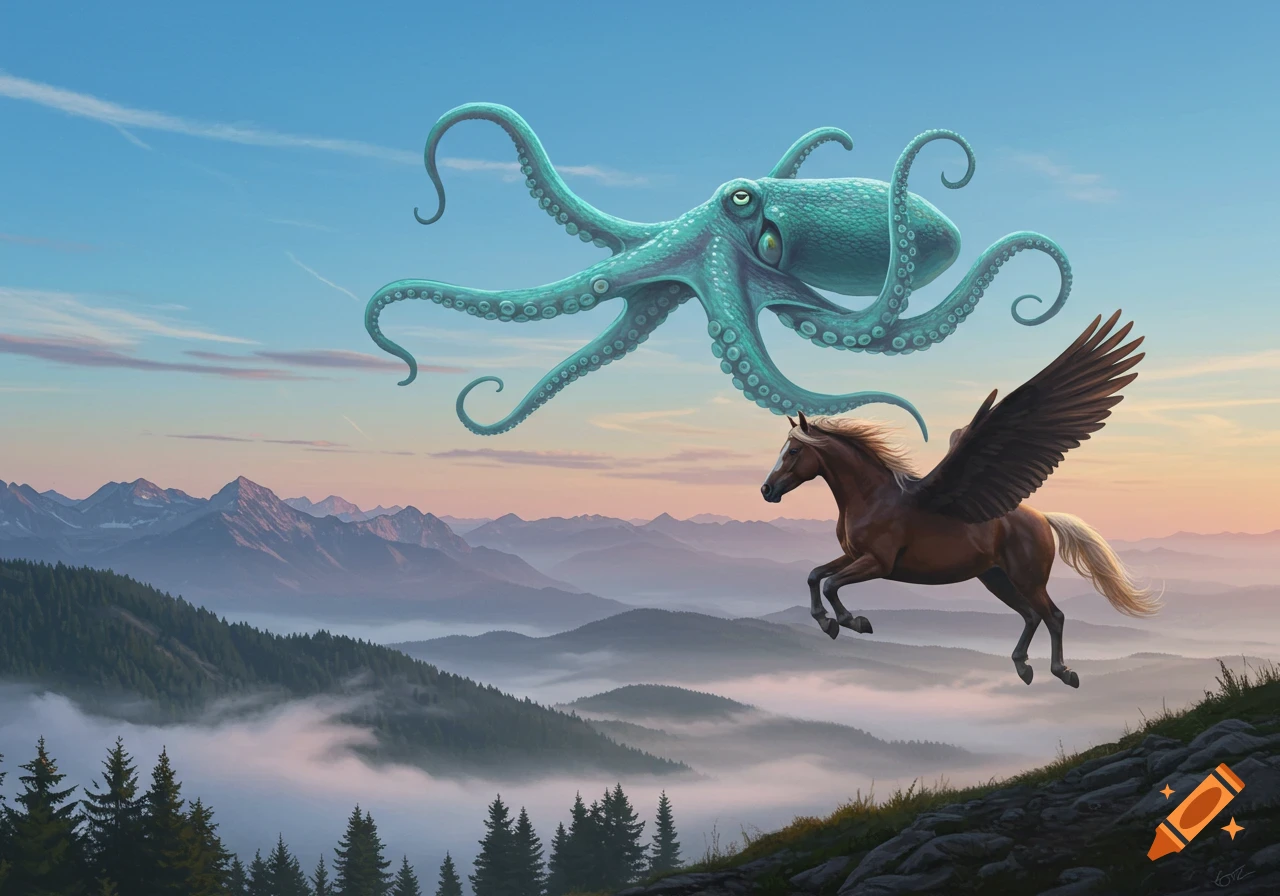 A large turquoise octopus and a brown pegasus fly high above a misty mountain range under a clear blue sky.