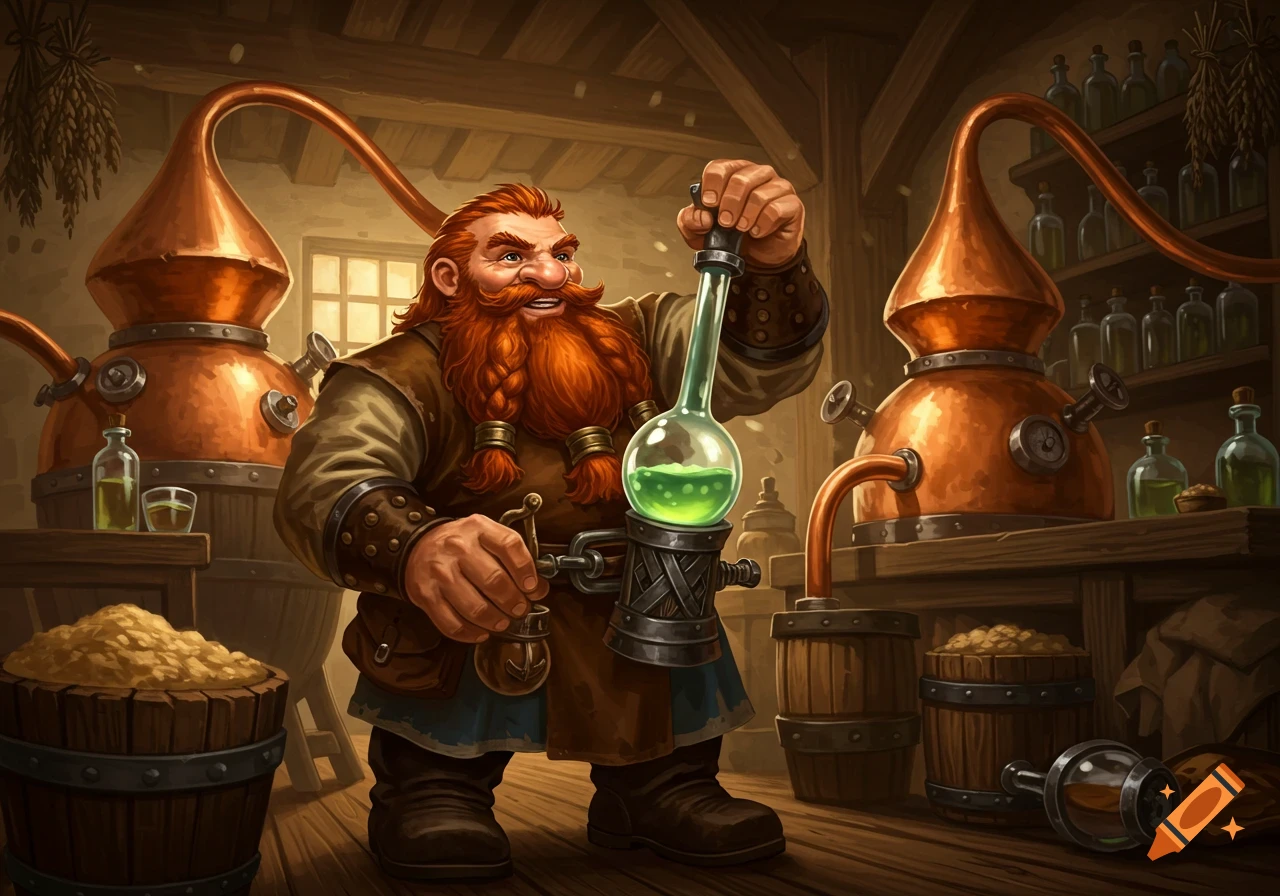 A smiling fantasy dwarf with a long red beard works in a rustic distillery, holding a glowing green flask near copper stills and barrels.