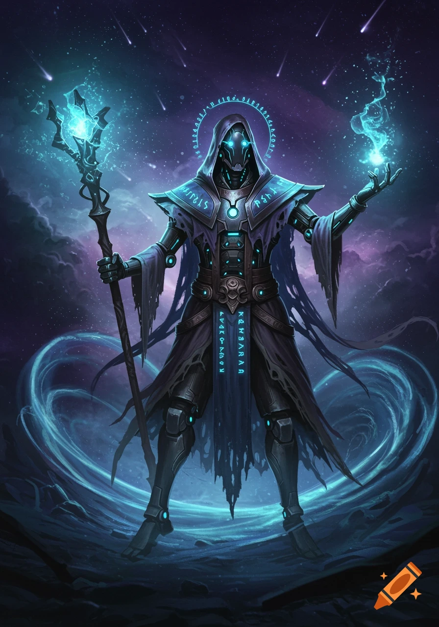 A glowing robot warlock in a hooded robe holds a staff, surrounded by magical energy in a cosmic, starry setting.