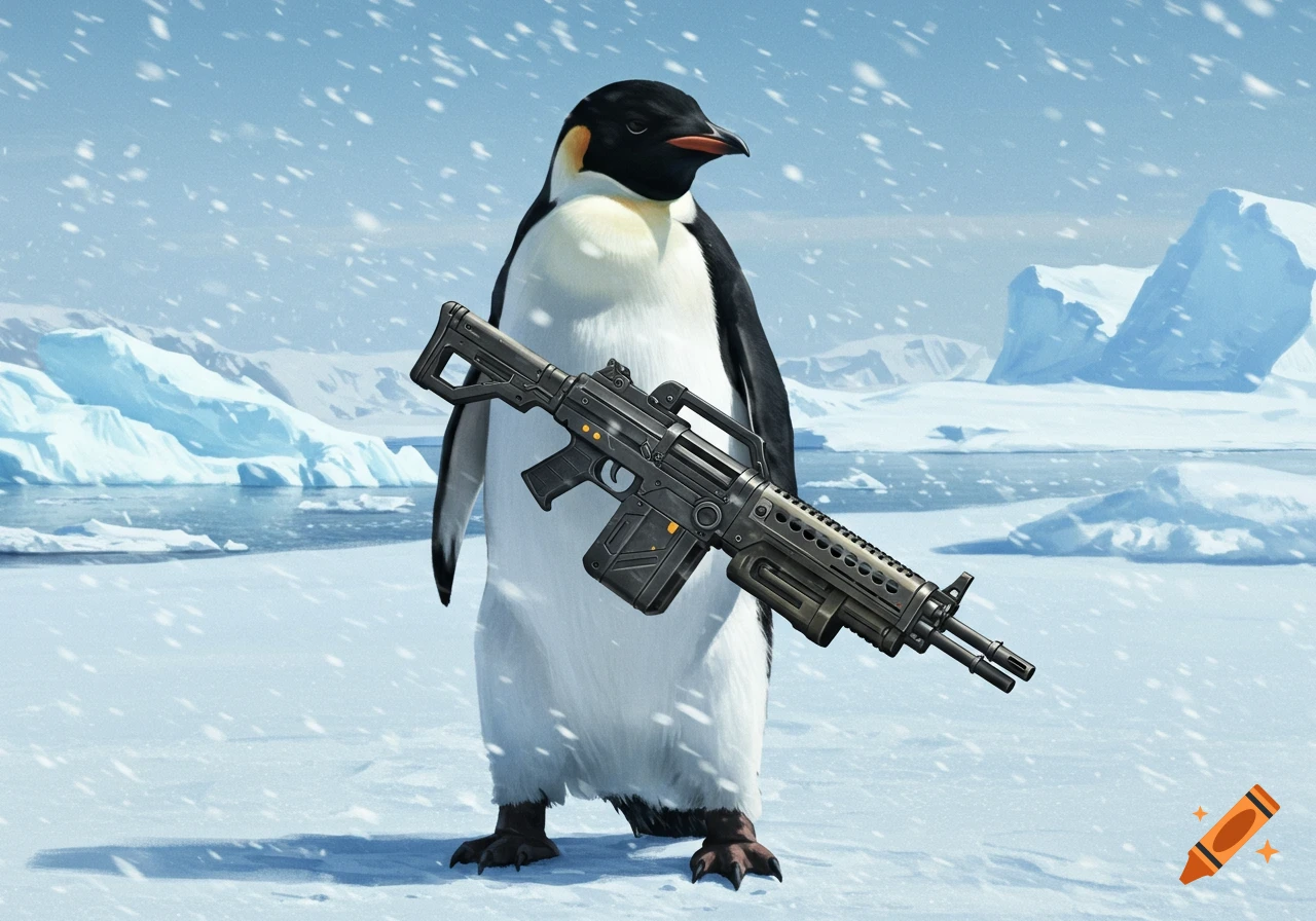 A king penguin stands in a snowy arctic landscape, holding a large machine gun.