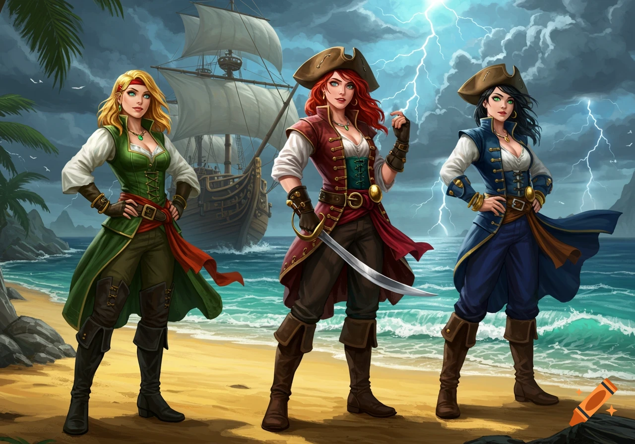 Three female pirates stand confidently on a tropical beach with a pirate ship and stormy, lightning-filled sky. Cartoonish, semi-realistic style.
