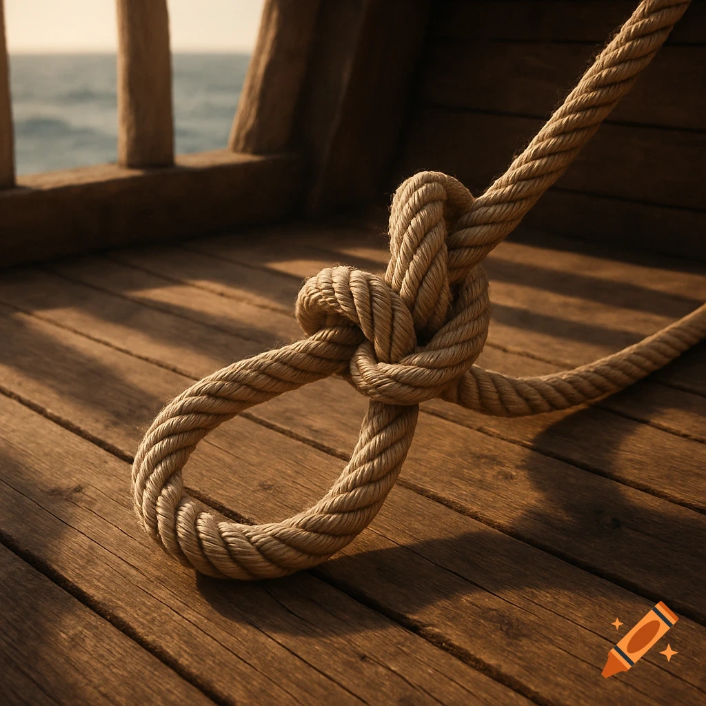 A close-up of a perfectly tied bowline knot on a weathered wooden boat deck, with the ocean in the background.