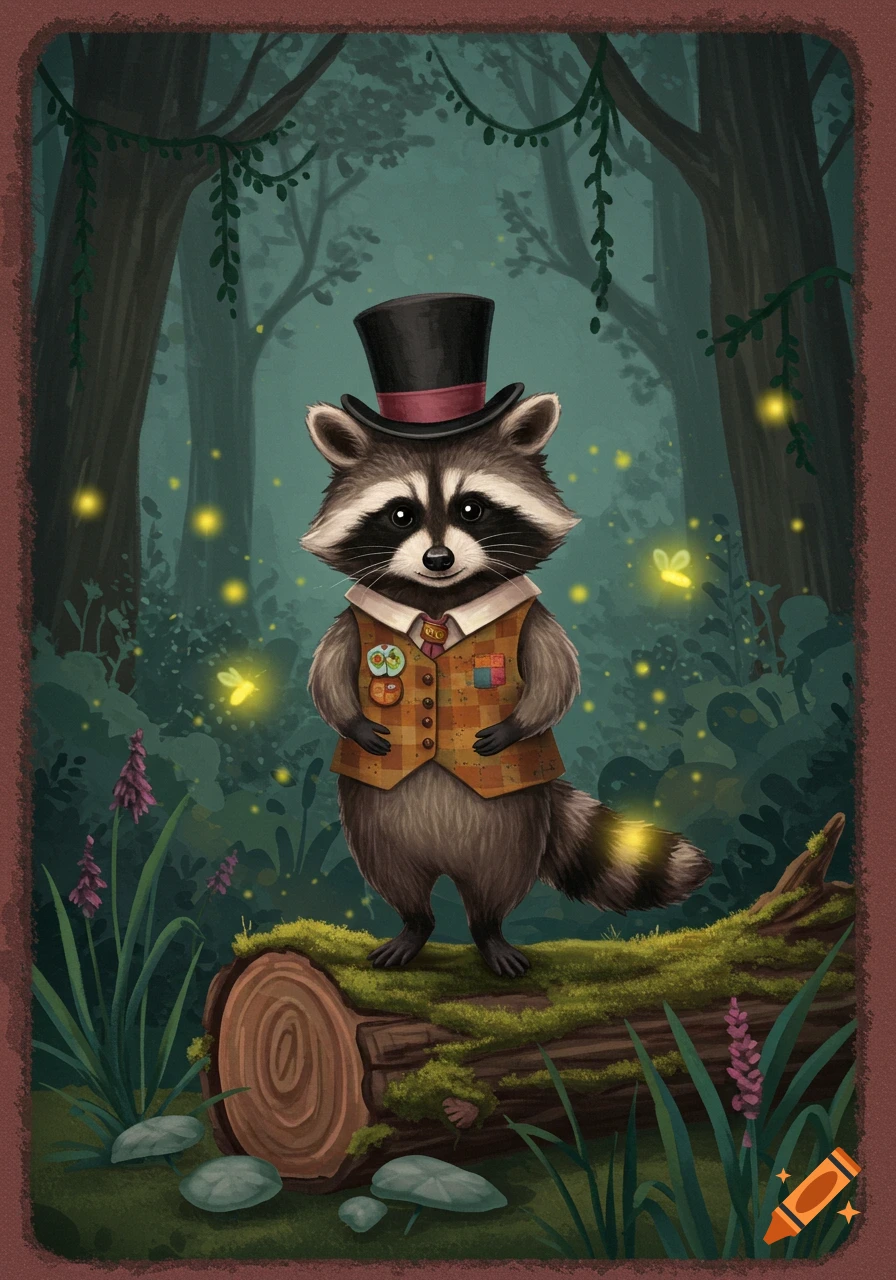 An illustrated raccoon in a top hat and plaid vest stands on a mossy log in a magical forest with fireflies.