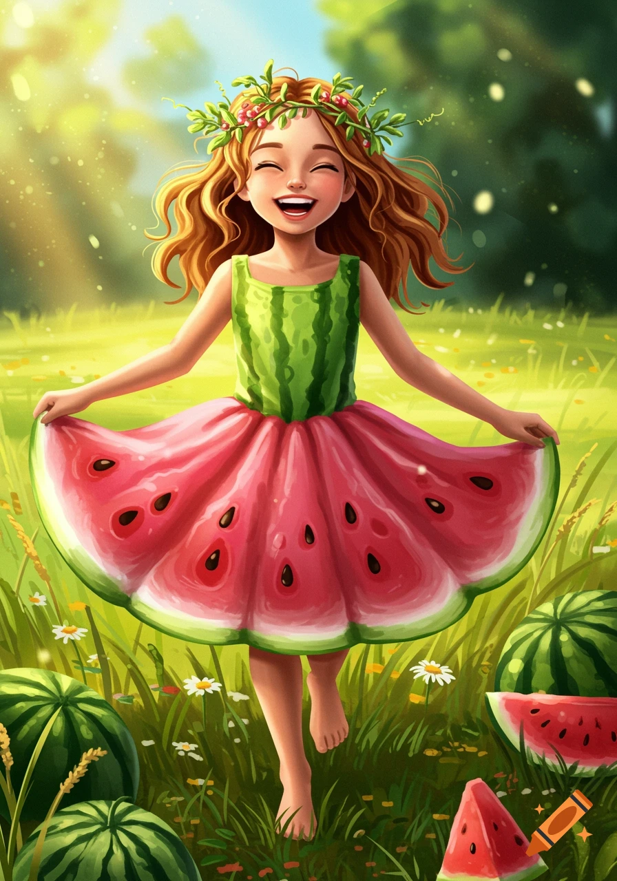 A smiling girl in a watermelon dress and floral wreath stands barefoot in a sunny field with watermelons in this vibrant cartoon.
