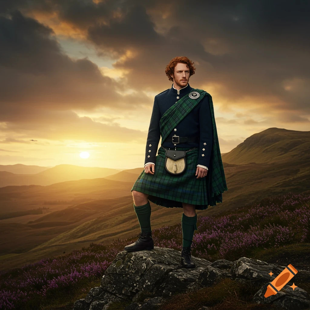 A man in a green tartan kilt and dark jacket stands on a rocky hill at sunset, overlooking a vast Scottish landscape.