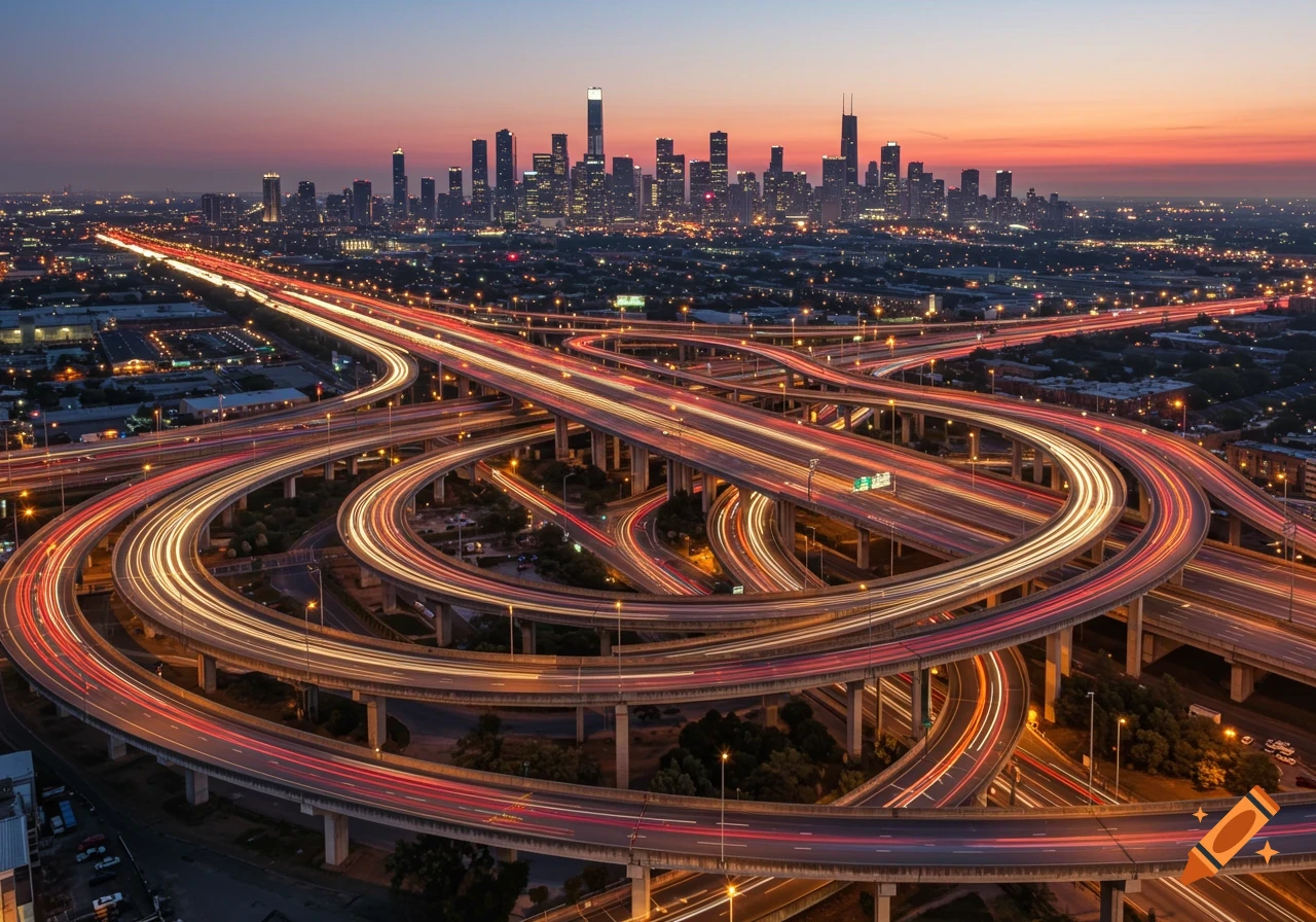 A complex highway interchange at dusk with streaking car light trails and a city skyline in the background.