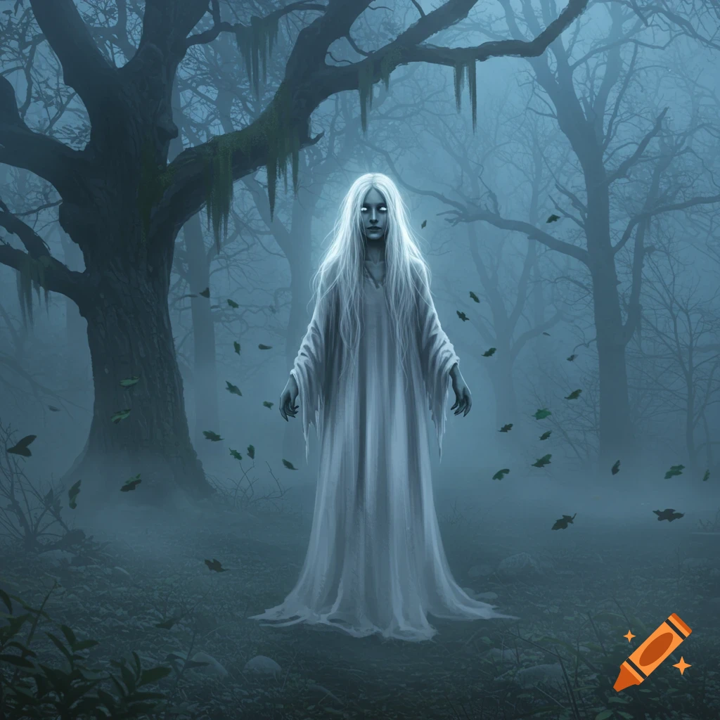 A spectral banshee with long white hair and a white gown stands in a misty, dark forest with moss-covered trees and floating leaves.