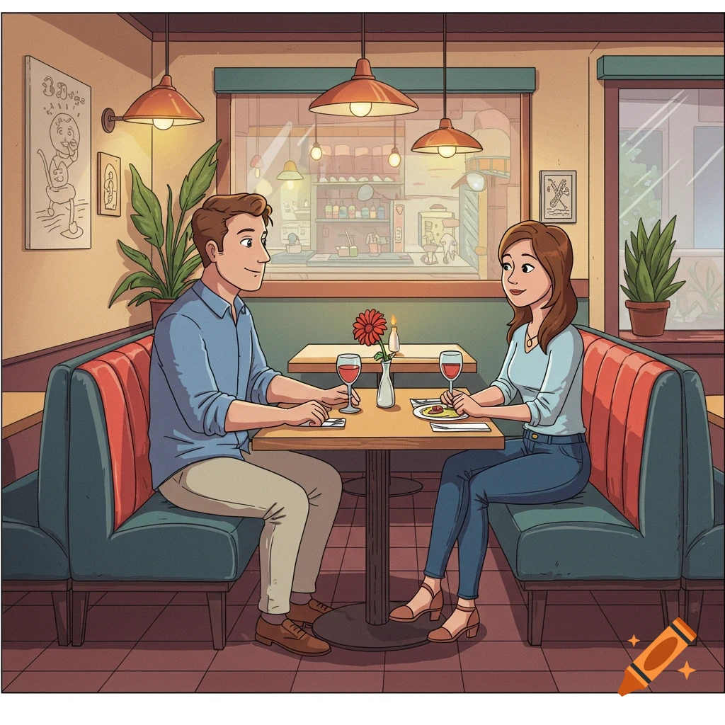 A 2D cartoon of a man and woman talking at a table in a restaurant.