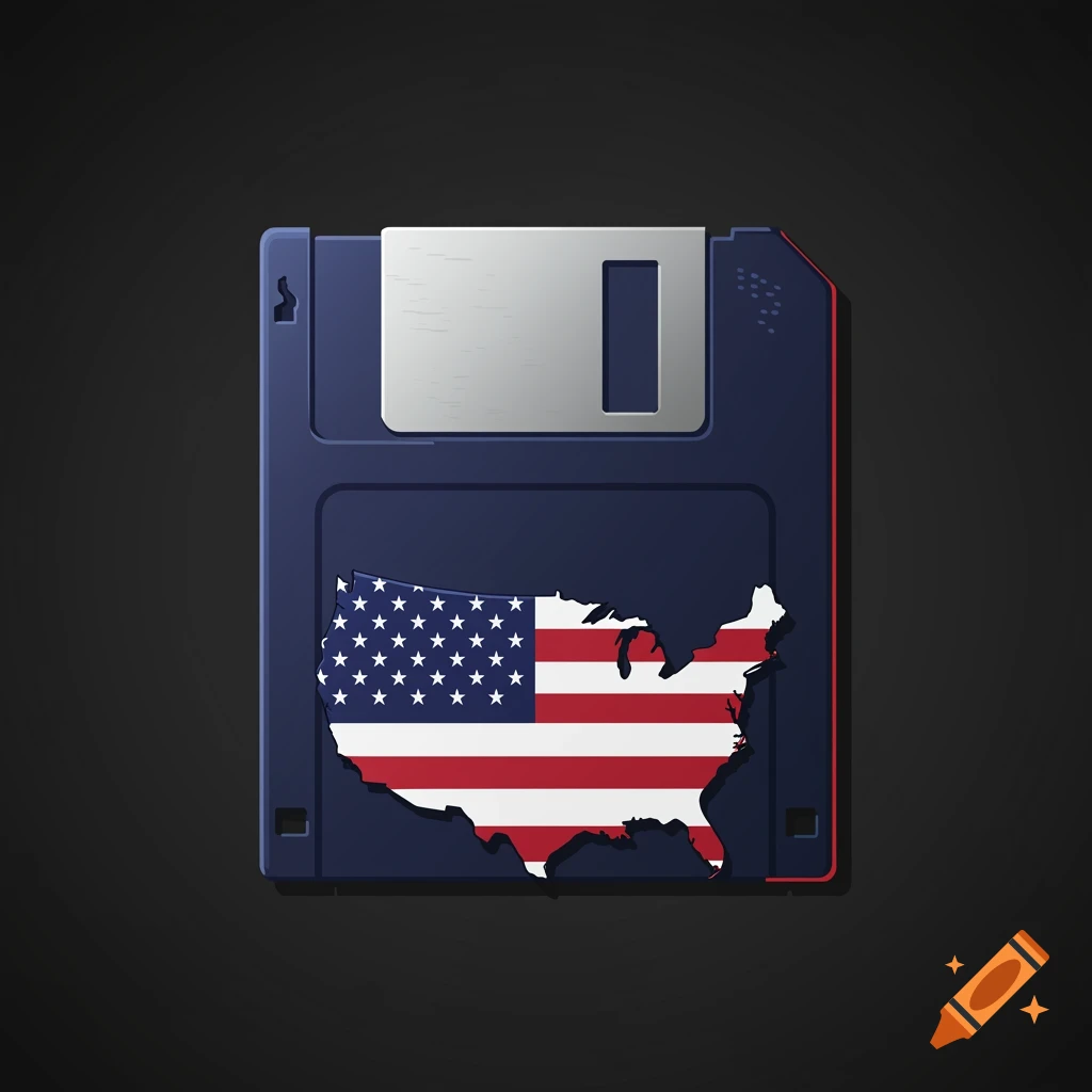 An icon of a blue floppy disk featuring a cutout of the United States map filled with the American flag.