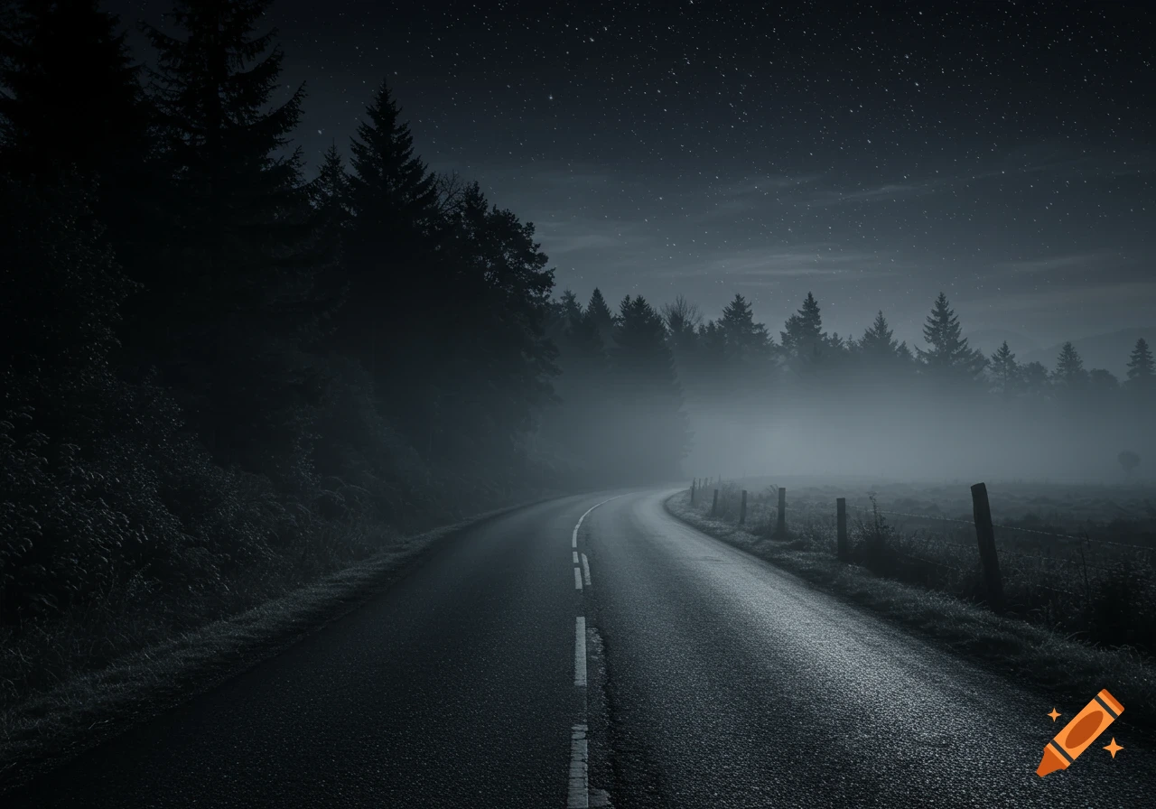 A dark, curving road winds through a misty forest under a starry night sky.