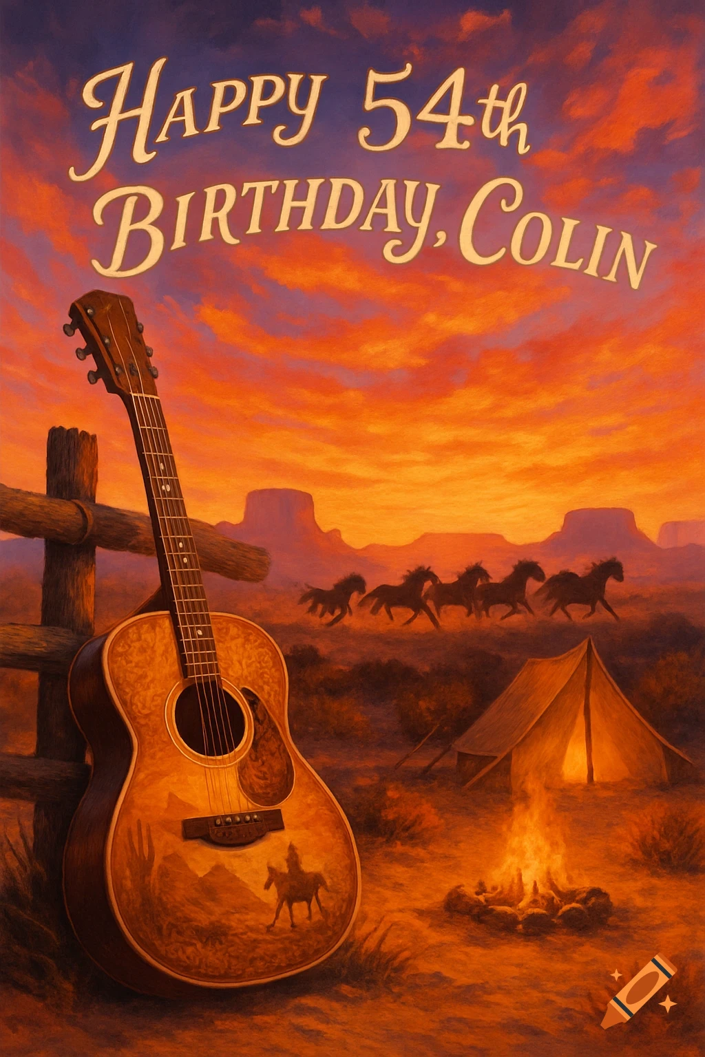 A painterly birthday card featuring a guitar by a fence in a Wild West sunset with horses, a tent, and campfire. Text: 'Happy 54th Birthday, Colin'.