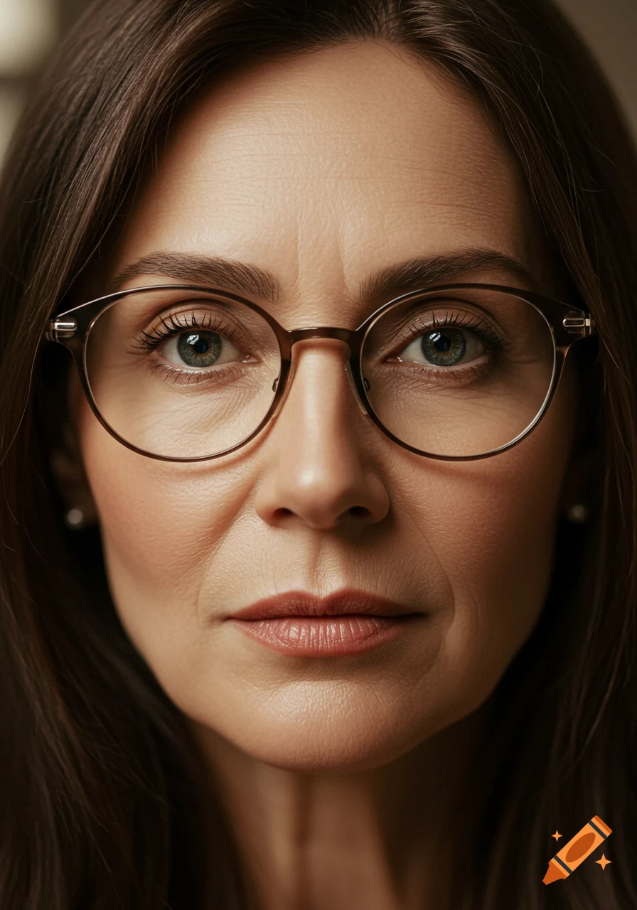A close-up, photorealistic portrait of a mature brunette woman with blue eyes, wearing glasses.