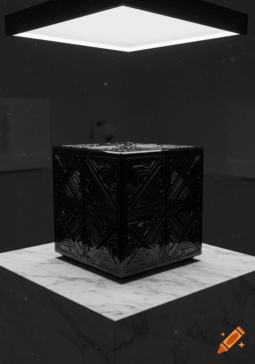 A glossy black cube with intricate patterns rests on a white marble pedestal, illuminated by a bright overhead light in a dark, monochromatic room.
