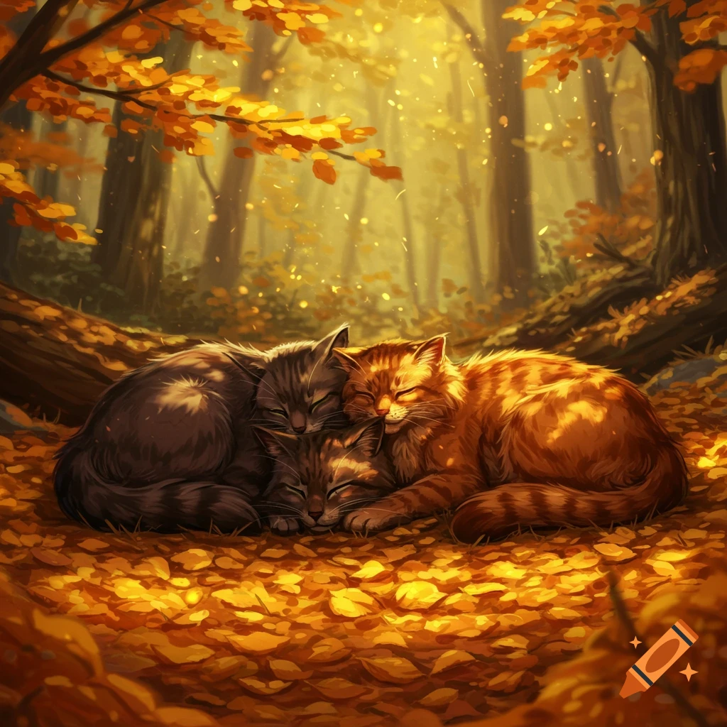 Three furry cats sleeping among golden autumn leaves in a sunlit forest, digital art illustration.