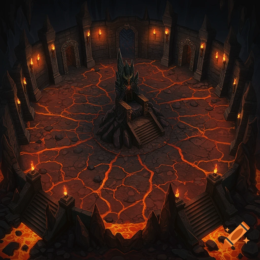 Top-down view of a dark, circular dungeon room with a large throne on a cracked, lava-filled floor and torches on the walls.