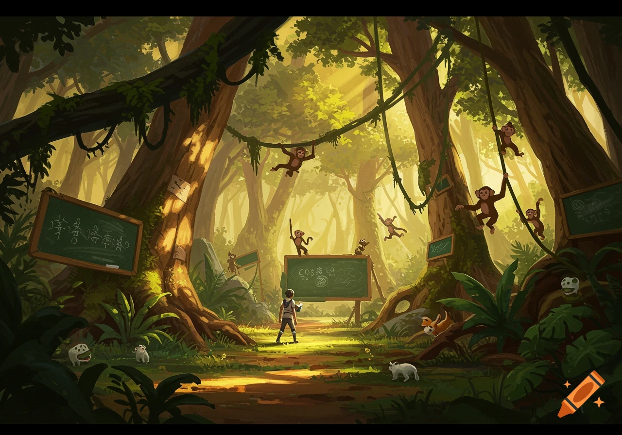 A whimsical illustration of a person and monkeys in a jungle classroom, surrounded by lush trees and blackboards.