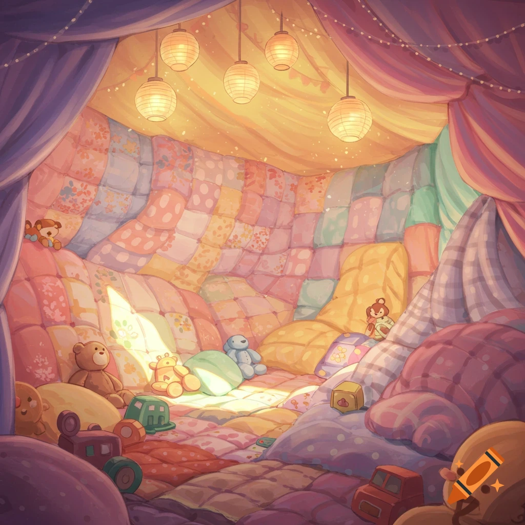 A cozy, illustrative blanket fort made of colorful quilts and pillows, illuminated by hanging lanterns, with stuffed animals and toys.