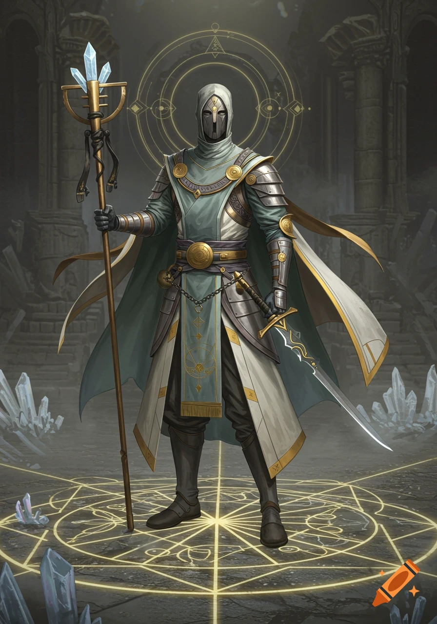 A mysterious warrior monk with a masked face, in detailed armor and robes, holds a staff and sword in a ruined temple with glowing symbols.