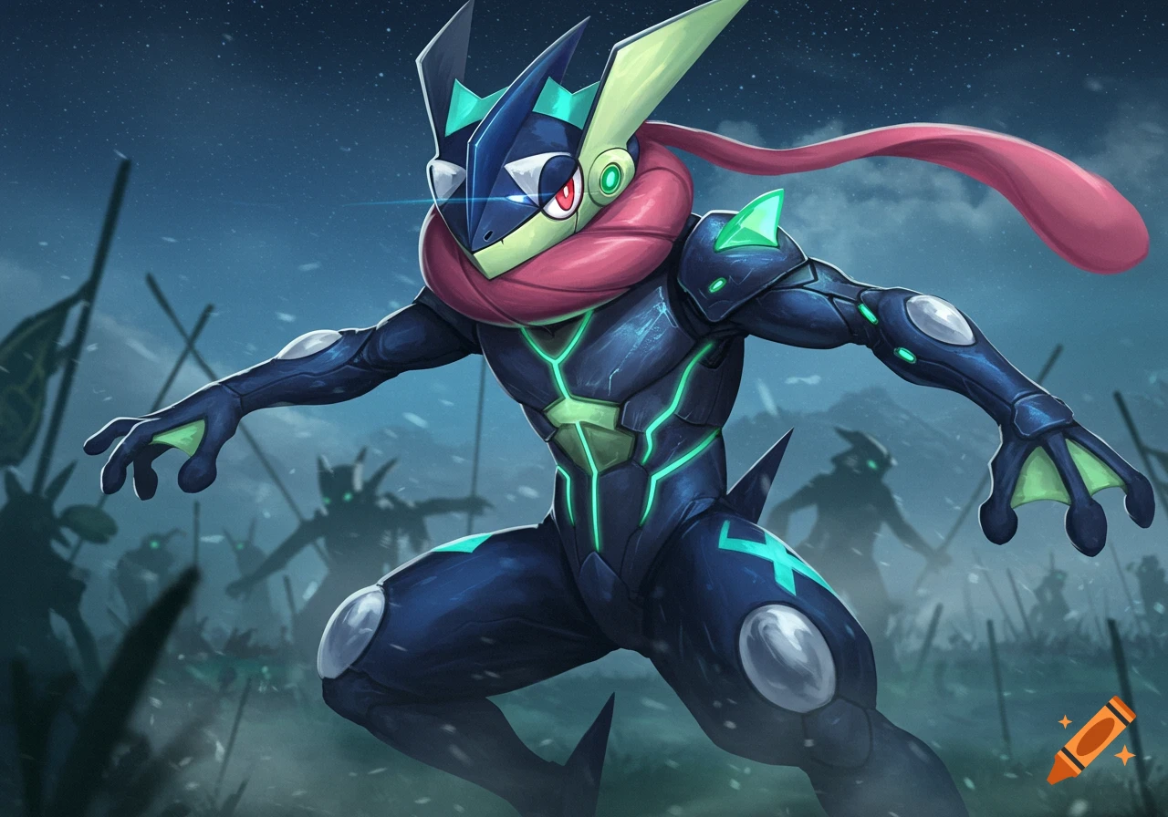 Greninja in futuristic dark blue and green armor with glowing accents on a misty battlefield.