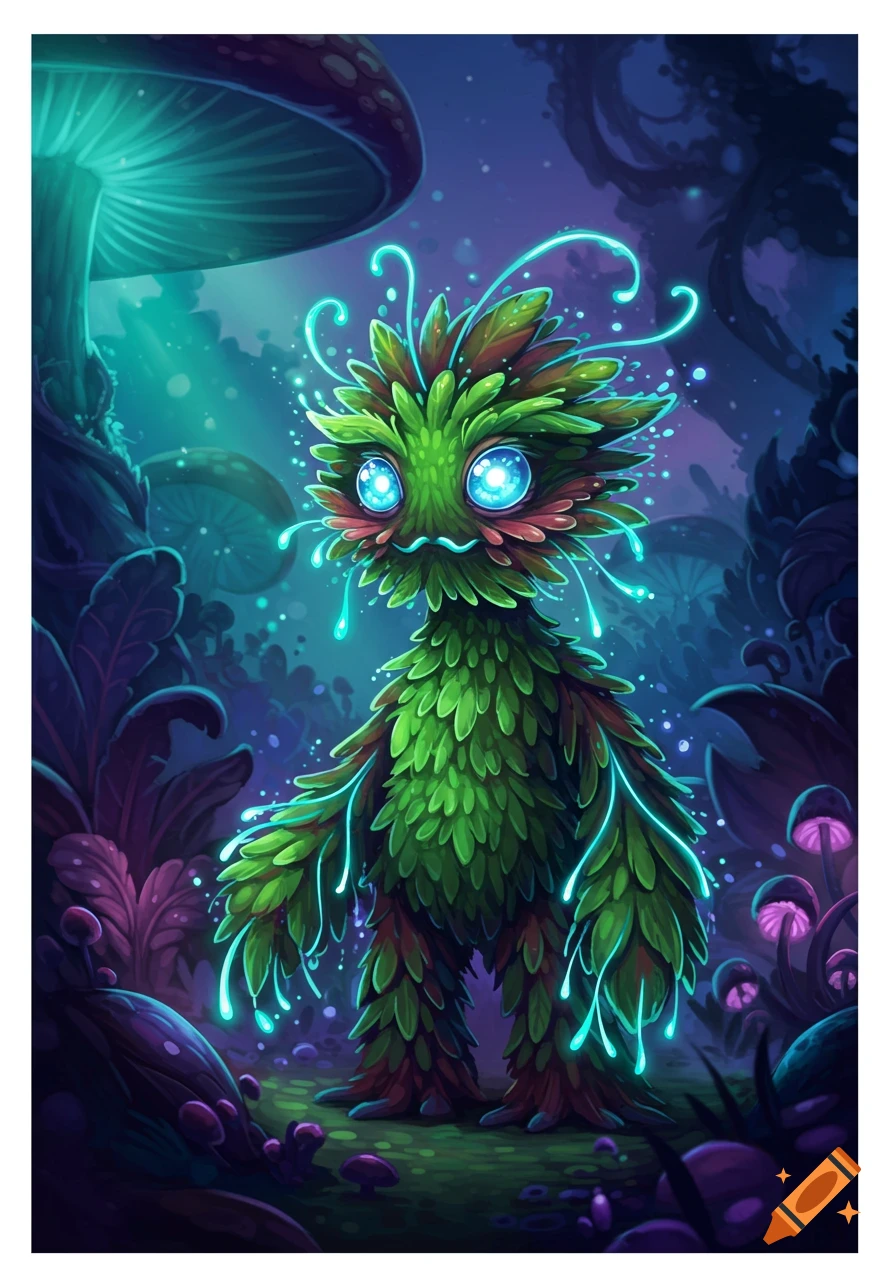 A vibrant, green, leafy creature with large blue glowing eyes and tendrils stands in a bioluminescent mushroom forest.