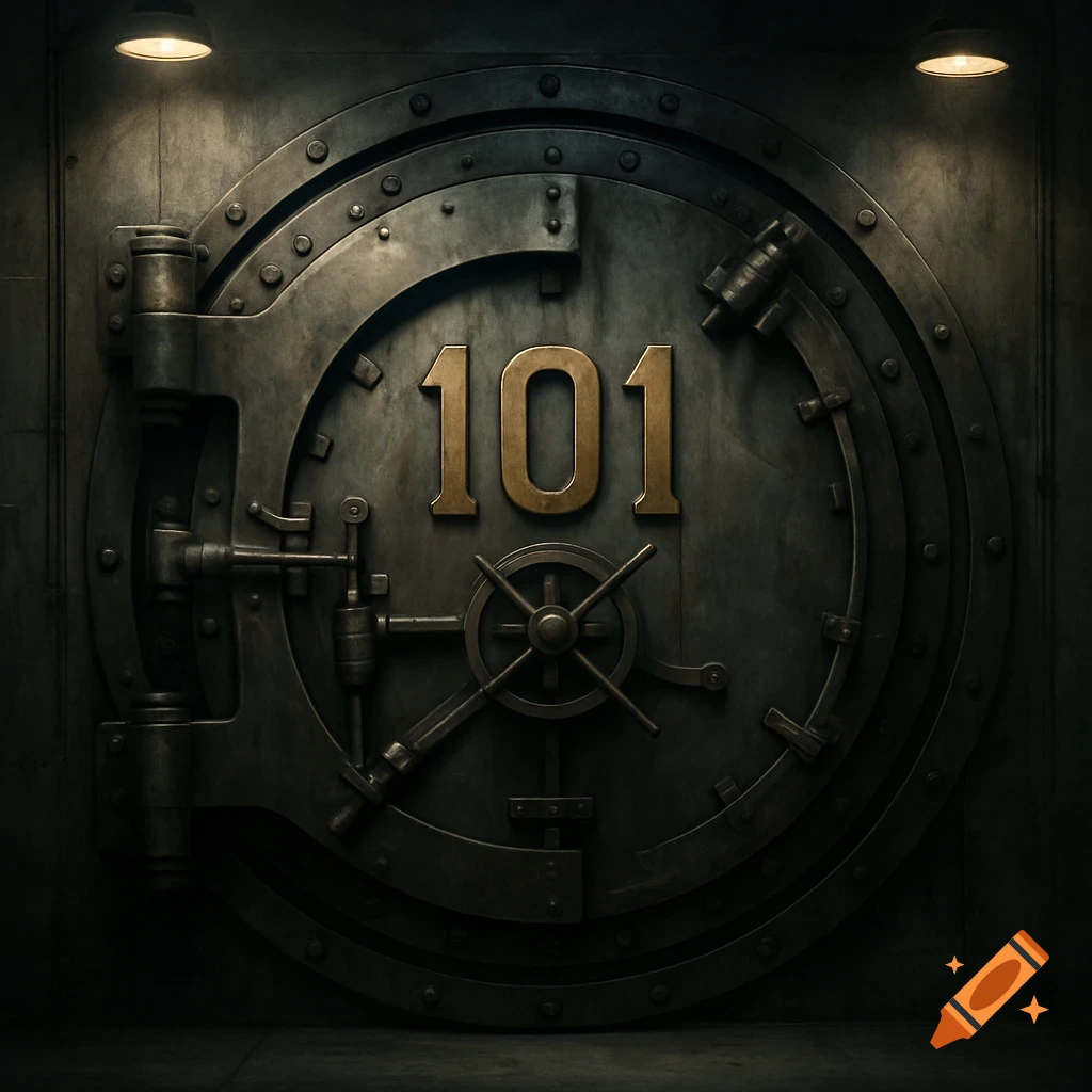 A close-up, photorealistic view of a dark, metallic vault door with the numbers '101' in gold on its center.