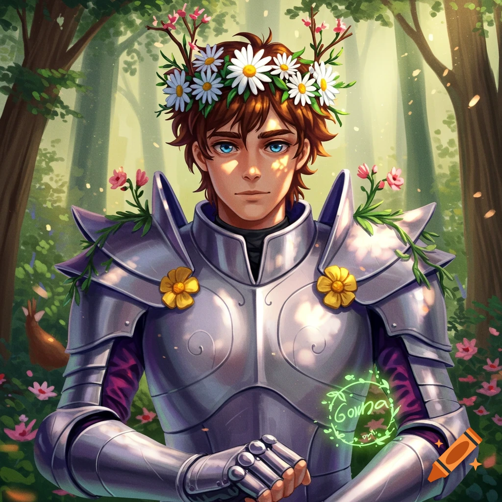 Anime knight with brown hair and blue eyes, wearing silver armor and a daisy flower crown in a sun-dappled forest.