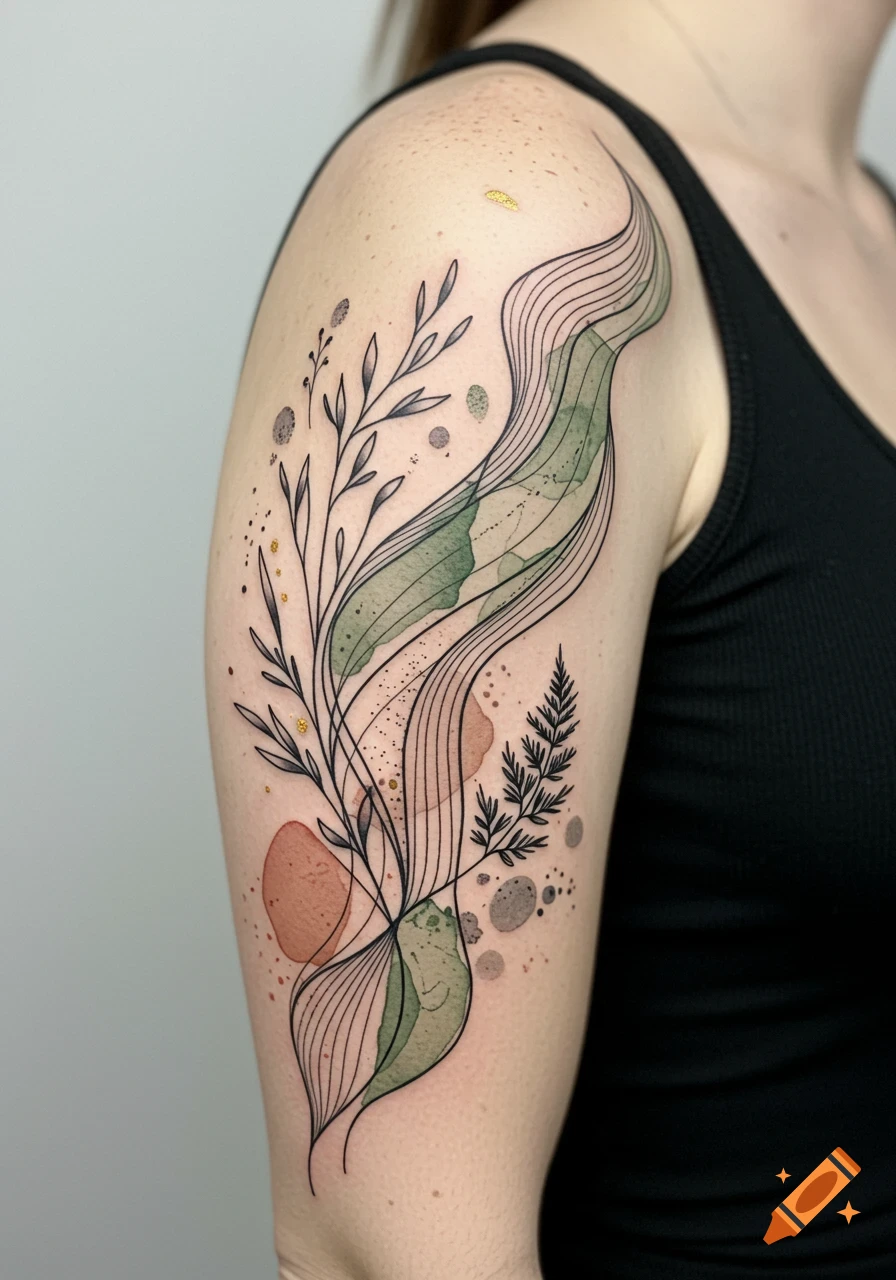 Close-up of a forearm tattoo featuring abstract black lines, green watercolor-like shapes, and delicate botanical sprigs.