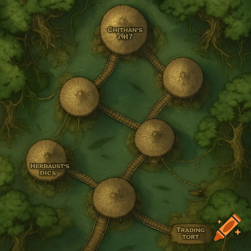 An overhead fantasy map of a swamp village with several round, thatched huts connected by wooden bridges, surrounded by dark green water and trees.