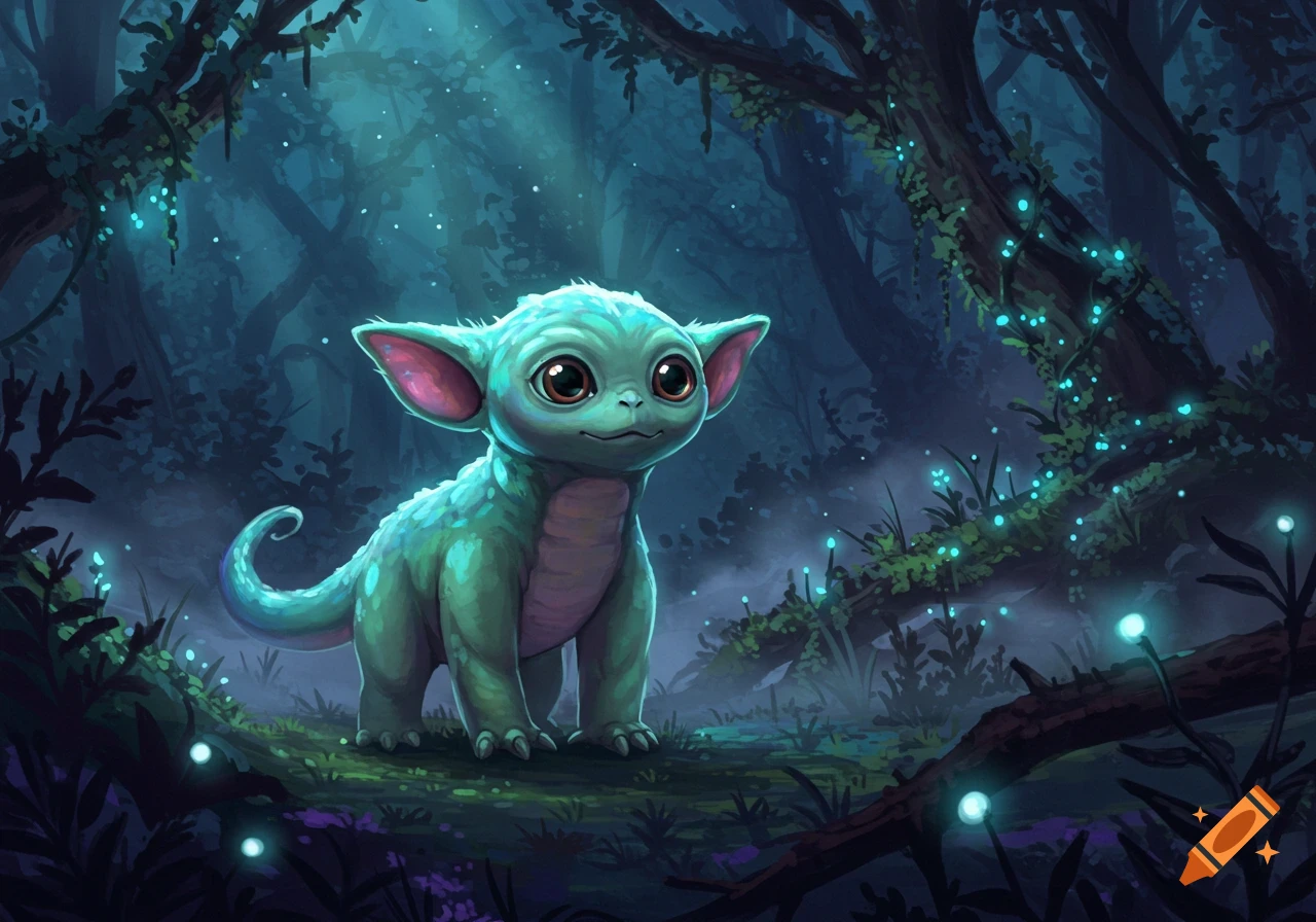 A cute green fantasy creature with large eyes in a dark, enchanted forest with glowing blue plants.