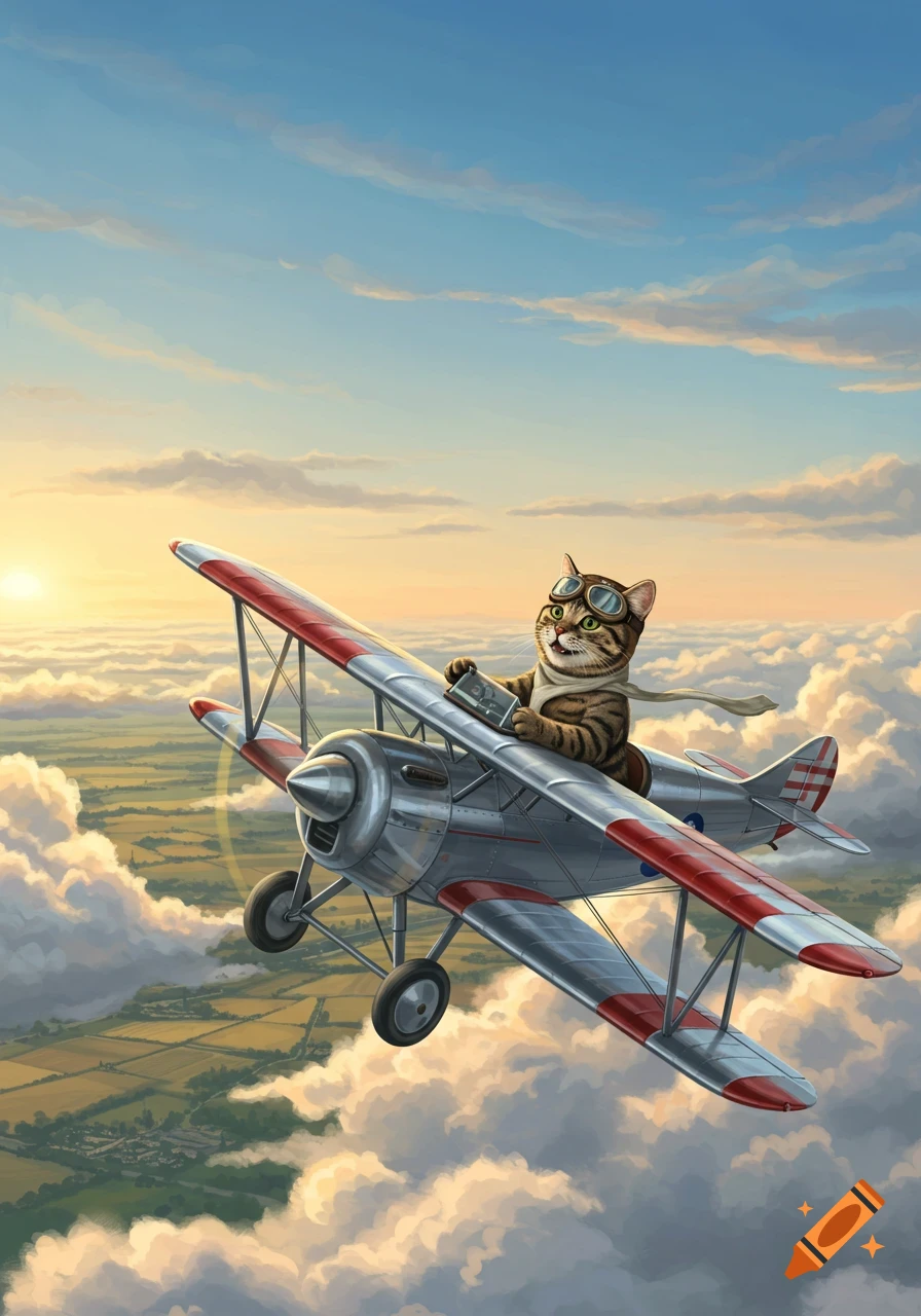 A cute tabby cat wearing aviator goggles and a scarf pilots a biplane through a cloudy sky during sunset, looking happy.