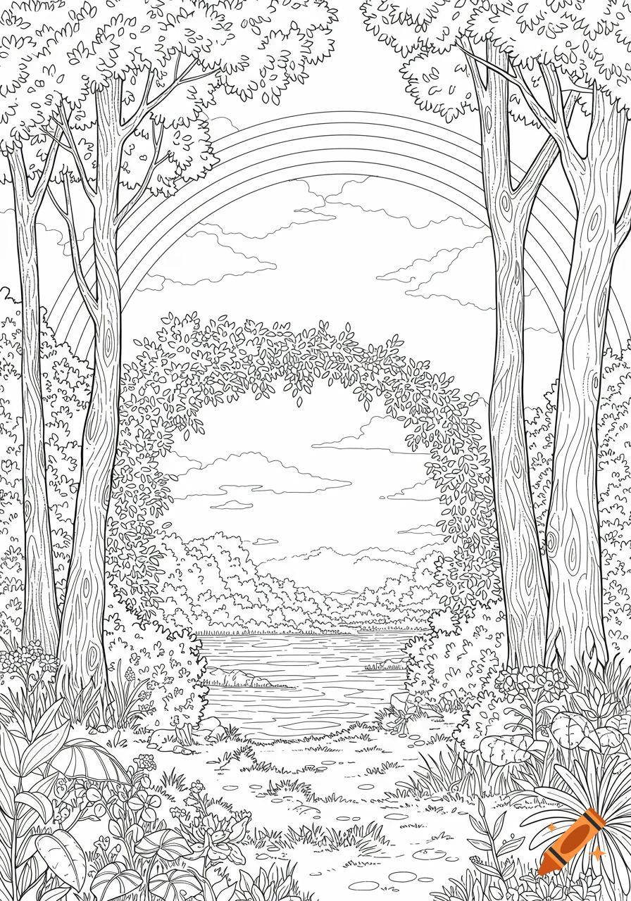 Black and white coloring page of a serene landscape with tall trees, lush bushes, water in the background, and a prominent rainbow.