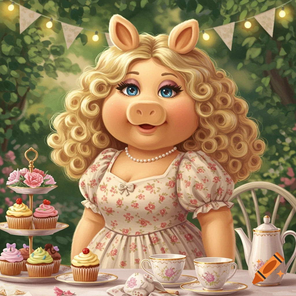 A cartoon character resembling Miss Piggy and a Cabbage Patch Kid sitting at a tea party with cupcakes.
