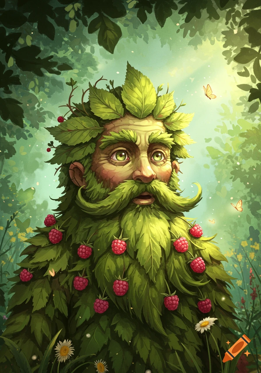 A whimsical green man character with a leafy face and long beard, adorned with raspberries, stands in a lush forest.