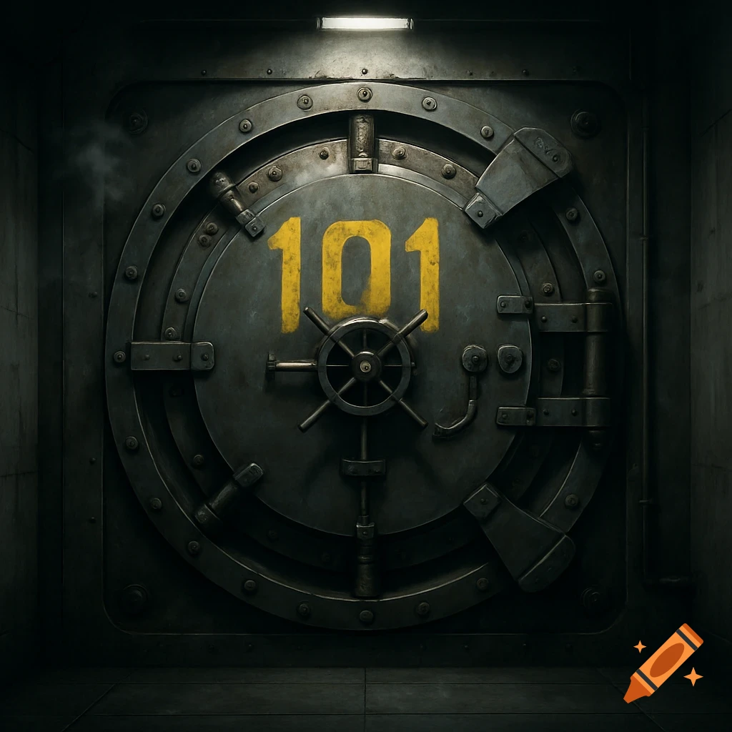 A detailed, photorealistic image of a dark, metallic vault door with the number 101 painted in yellow.