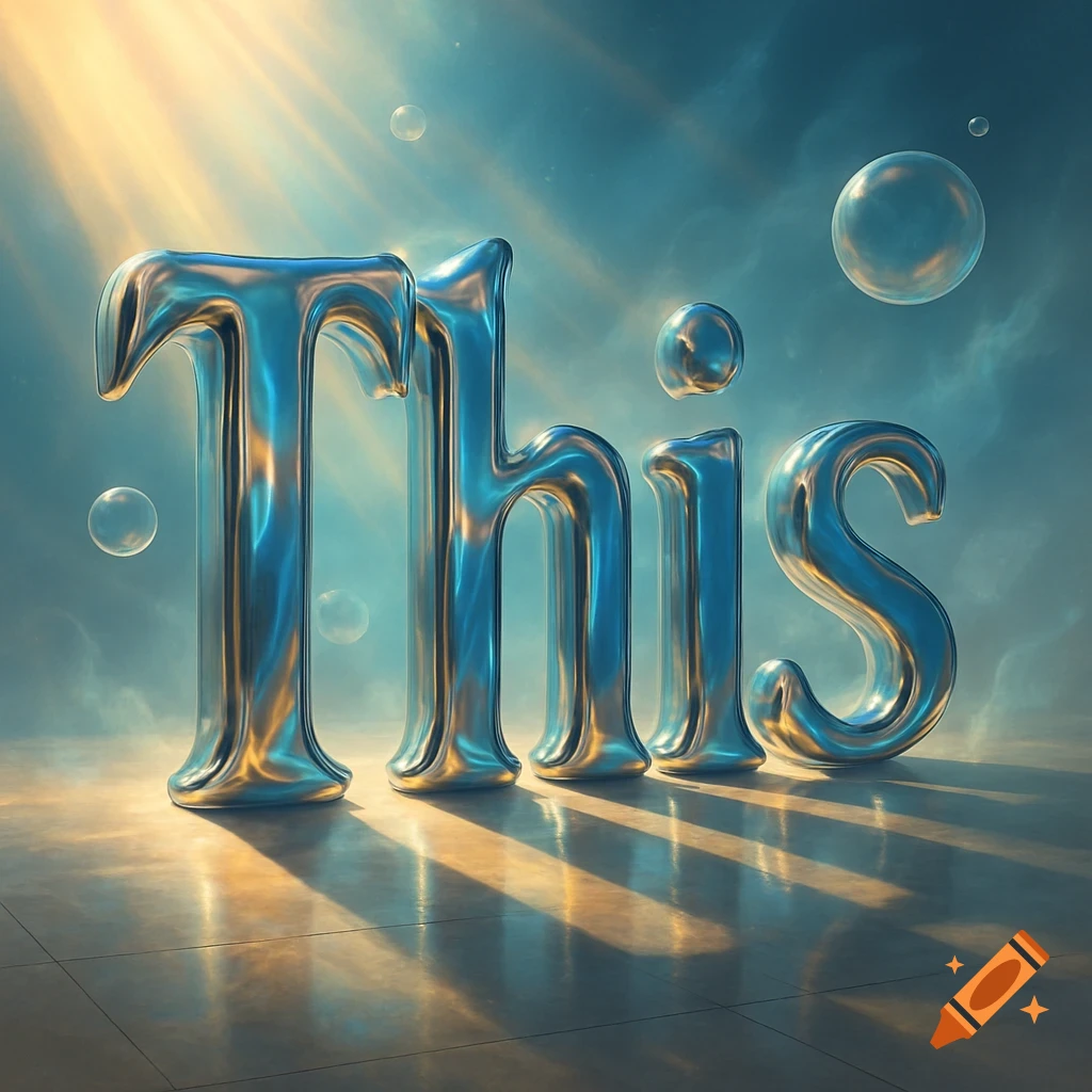 The word 'This' rendered in shiny metallic 3D letters, illuminated by sun rays against a cloudy blue sky with floating bubbles.