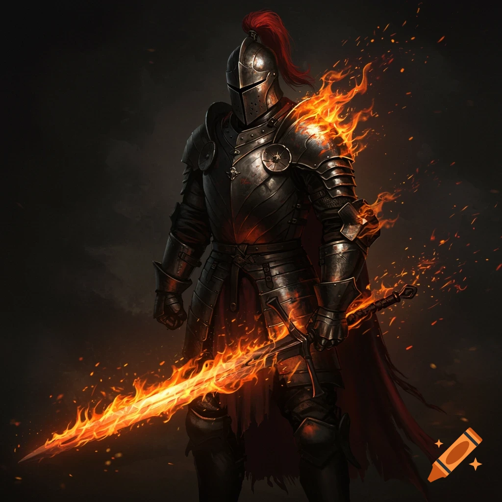 A knight in dark armor stands holding a flaming sword, illuminated by its glow in the darkness.
